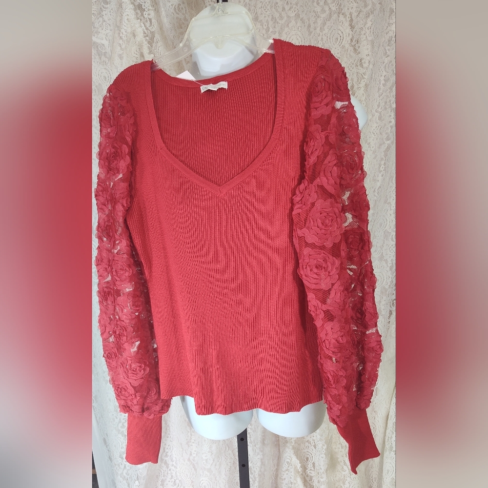 Red lace sleeve knit sweater Sz XL  NWT